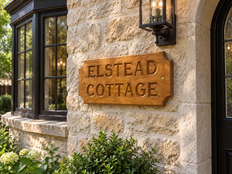 Installation visualisation of the Elstead Cottage wooden sign on a stone wall beside a window.