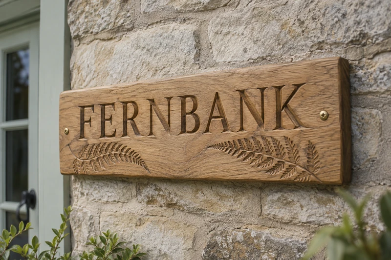 Design study: Fernbank lettering with fern relief on a rectangular oak sign against stone.