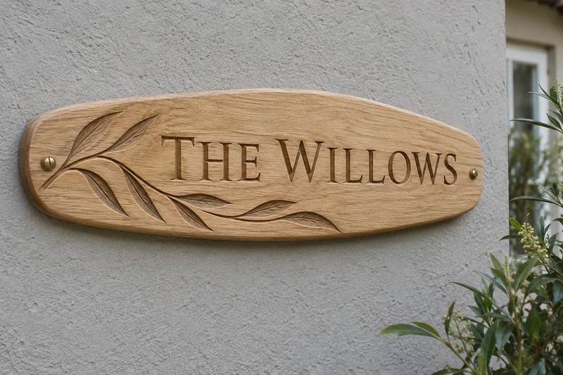 Design study: The Willows carved into a gently shaped oak sign with a willow branch.
