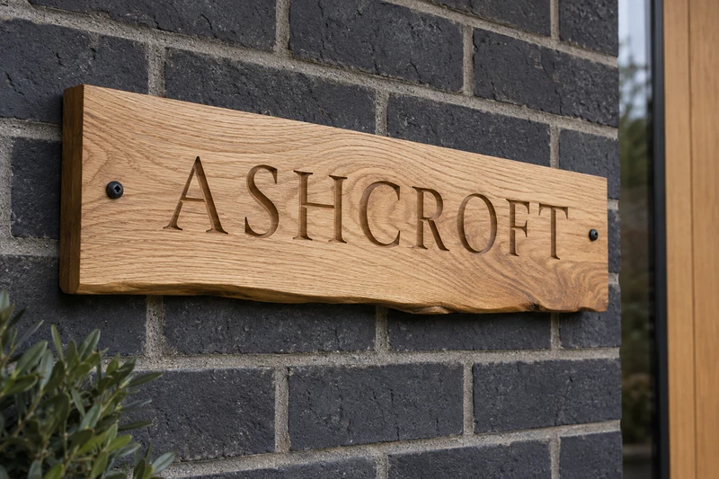 Design study: Ashcroft lettering on a minimal timber slab against brick.
