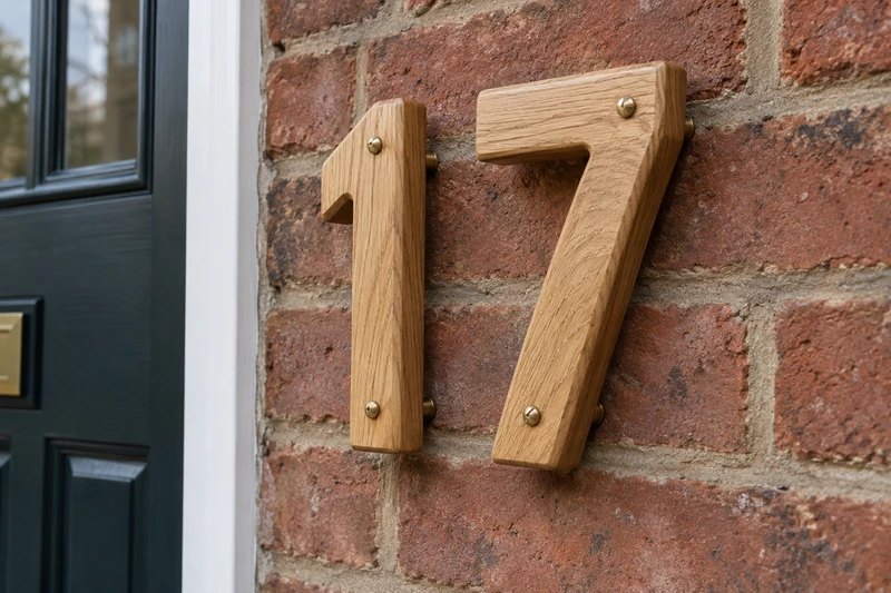 Design study: Individual wooden house digits 17 mounted on brick.
