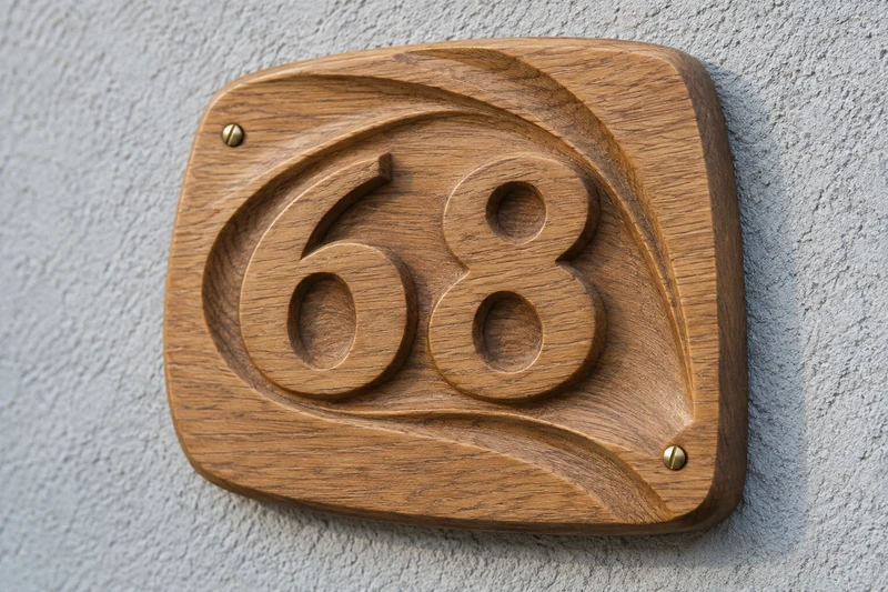 Design study: House number 68 surrounded by flowing relief in one oak plaque.