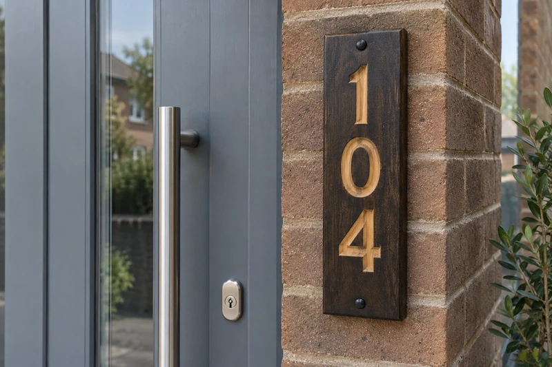 Design study: Light house digits 104 arranged vertically on a dark timber sign.