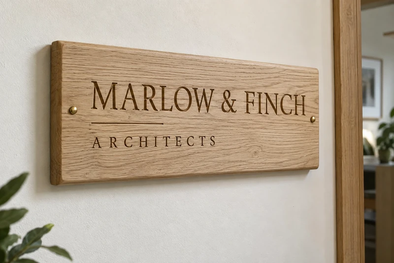 Design study: Marlow & Finch Architects carved in a restrained layout on a timber office sign.