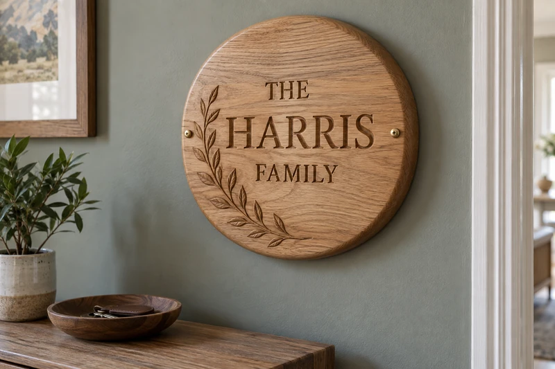 Design study: The Harris Family lettering on a rounded wooden piece with botanical relief.