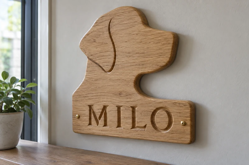 Design study: Milo carved into a single timber piece shaped into a simple dog profile.