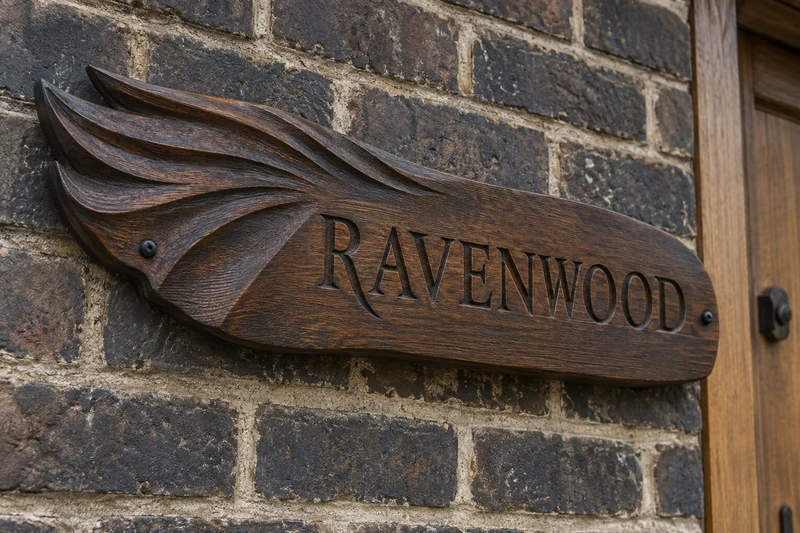 Design study: Ravenwood lettering beneath sweeping dark timber relief against stone.