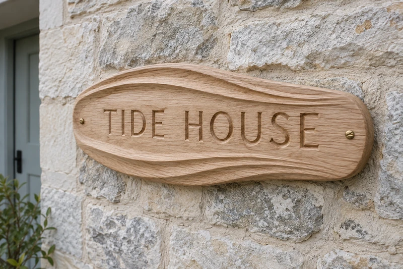 Design study: Tide House lettering framed by fluid, rounded timber contours.