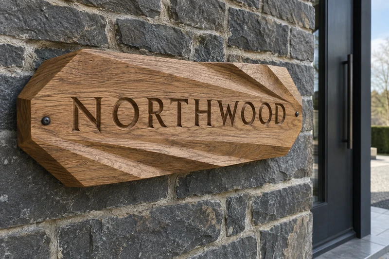 Design study: Northwood lettering within an angular, faceted wooden sign.