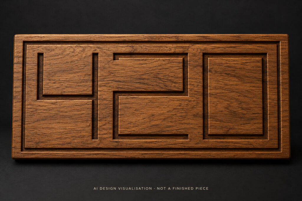 AI-assisted design study of a rectangular wooden 420 sign with angular numerals and a recessed border.