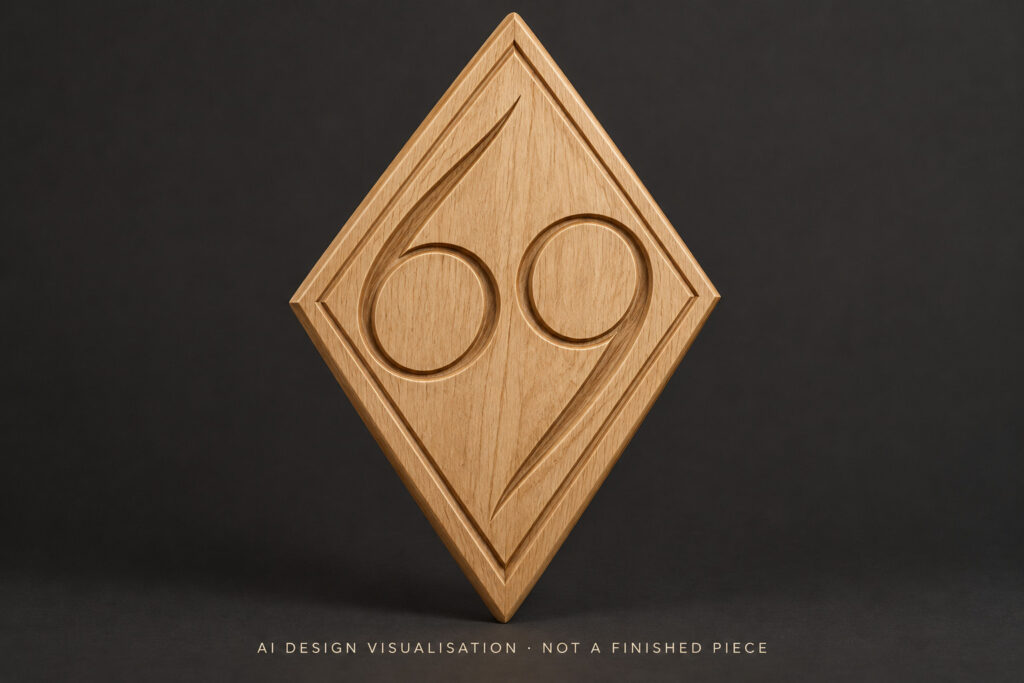 AI-assisted design study of the number 69 in curved numerals within a tall diamond-shaped wooden sign.