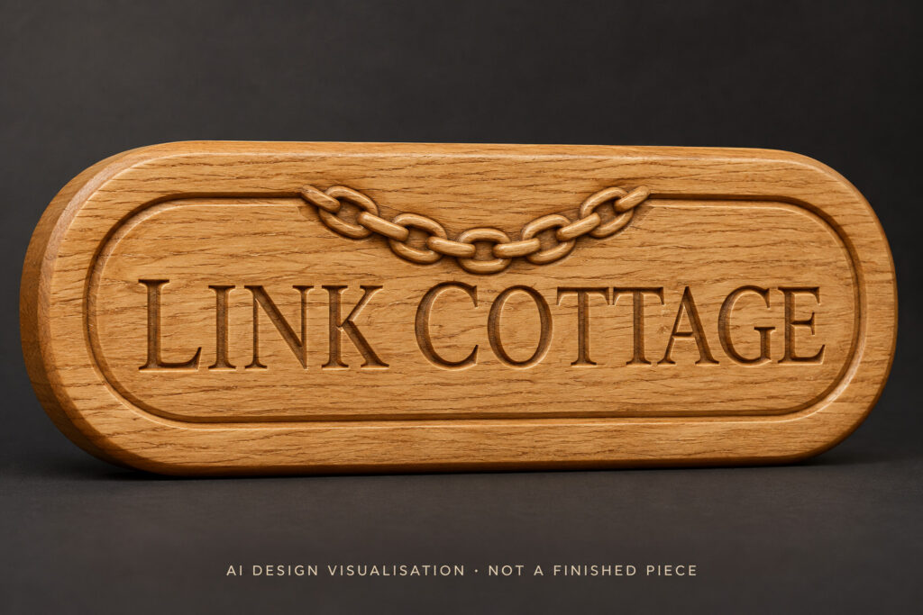AI-assisted design study of a rounded wooden Link Cottage sign with serif lettering and a chain detail above the name.