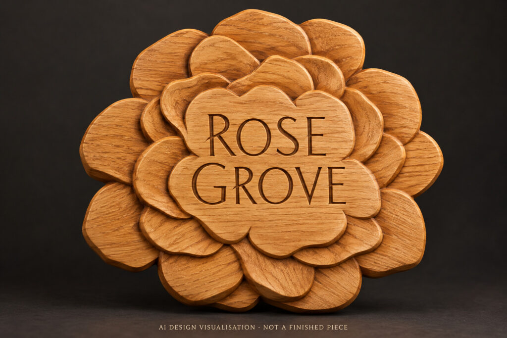 AI-assisted design study of a rose-shaped wooden sign with Rose Grove lettering at the centre of overlapping petals.