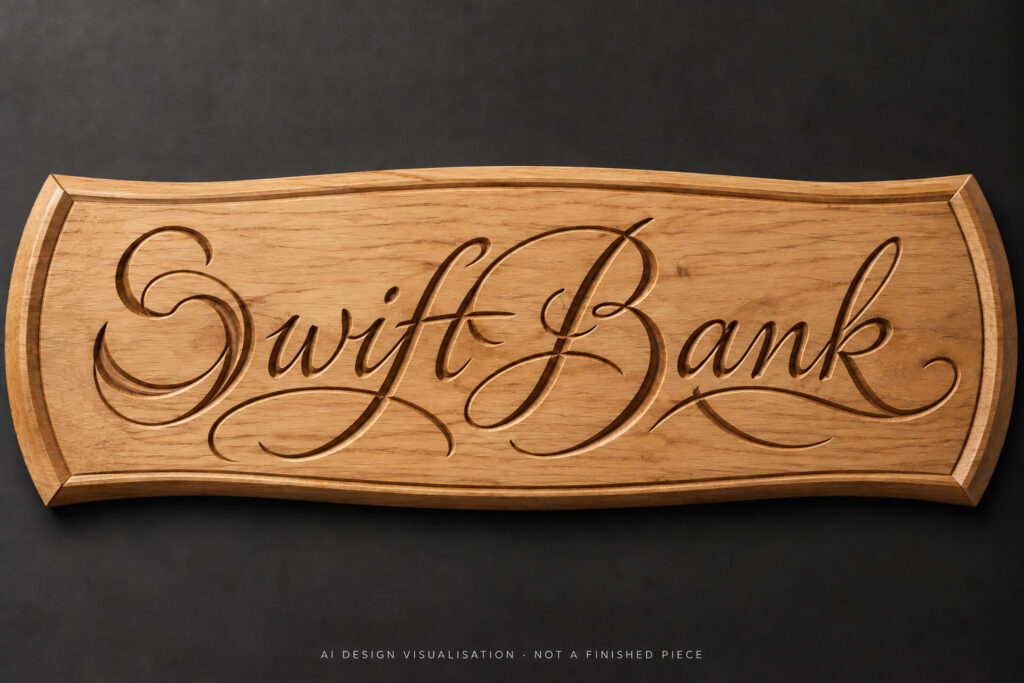 AI-assisted design study of a wooden SwiftBank sign with flowing script lettering and a gently curved framed outline.