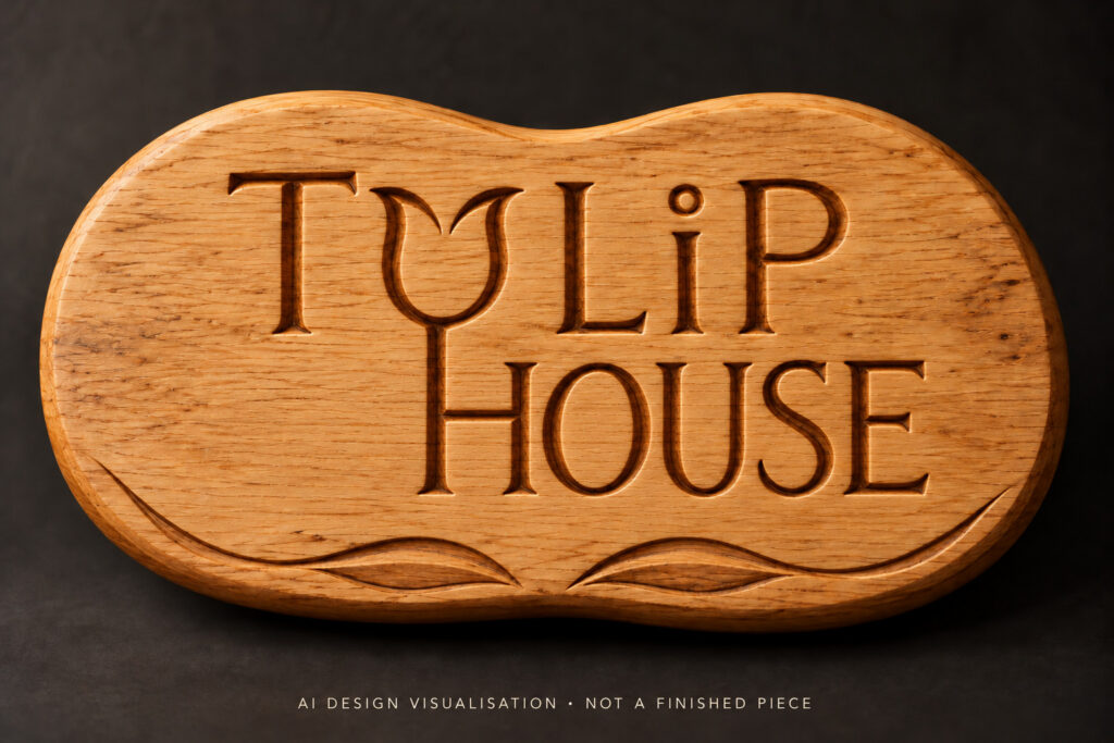 AI-assisted design study of a shaped wooden Tulip House sign with connected lettering and a leaf detail along the lower edge.