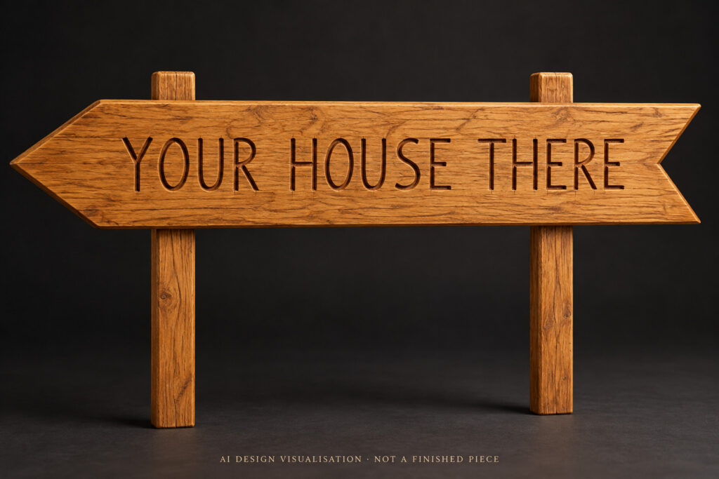 AI-assisted design study of a left-pointing wooden sign reading Your House There, mounted on two timber uprights.